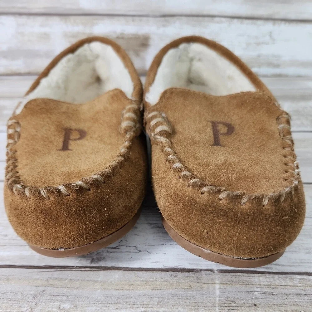 Lands' End Suede Moccasin Slippers Kids Size 11 Brown Faux Fur Monogram P Cozy